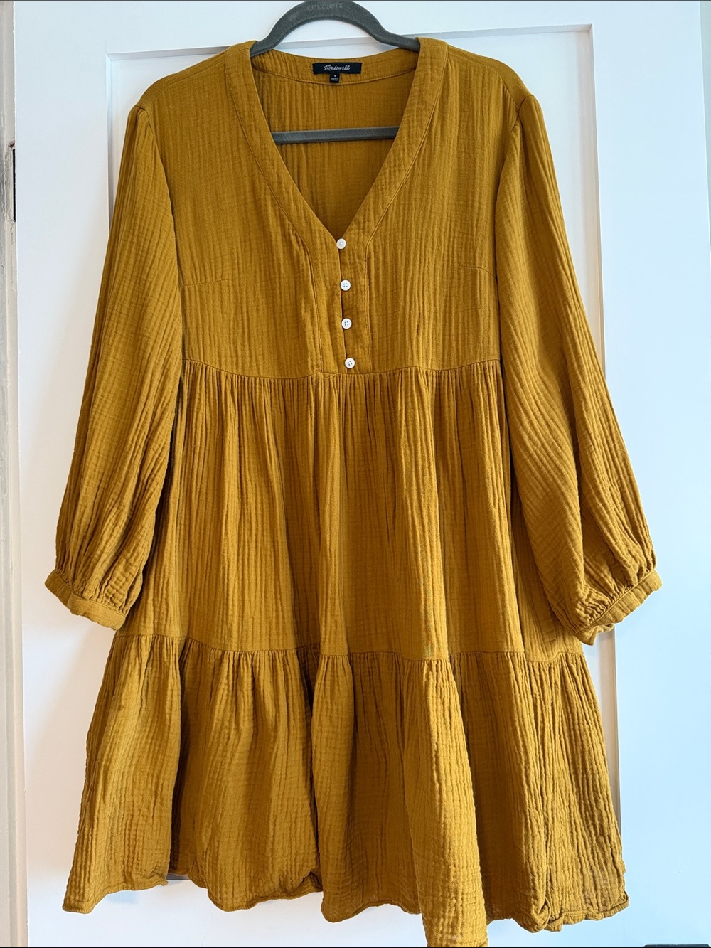 Madewell Mustard Tiered V-Neck Dress with Button Placket
